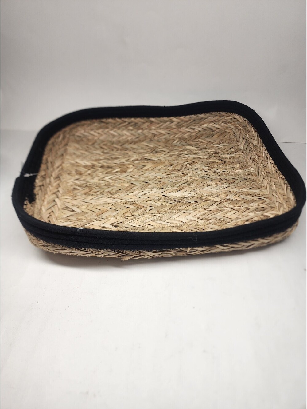 Farmhouse Woven Shallow Basket by True Living Black Cloth Trim 13”x12”x2” NWT